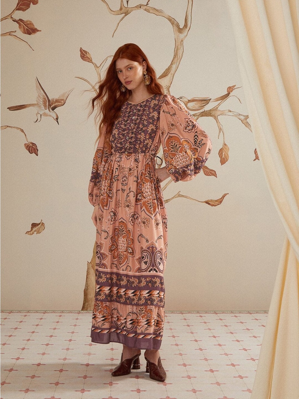 Glam Tapestry Burgundy Long Sleeve Maxi Dress L